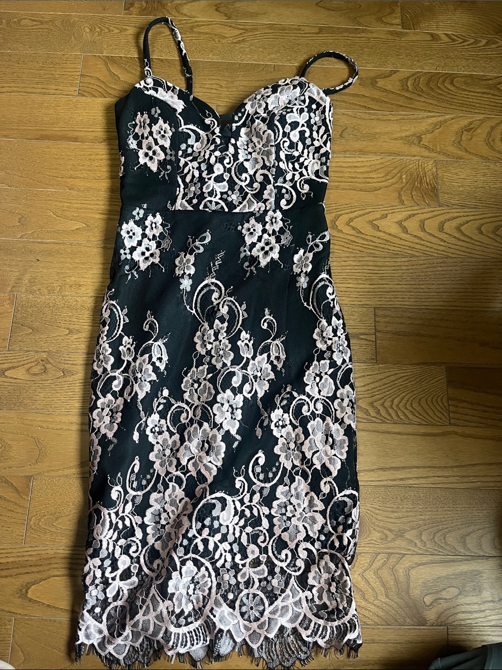 le chateau Black Dress with Blush Lace Overlay